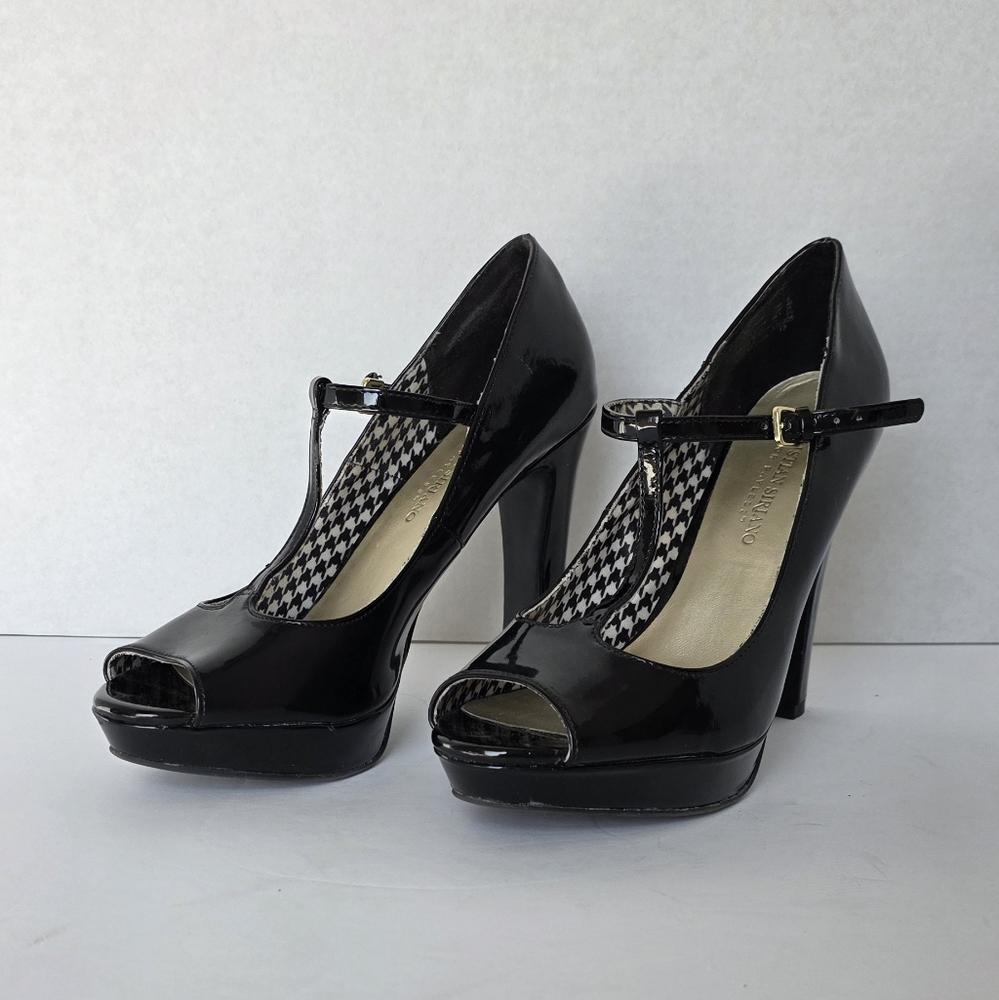 Christian Siriano Black Patent Leather Open Toe Heels Size 8